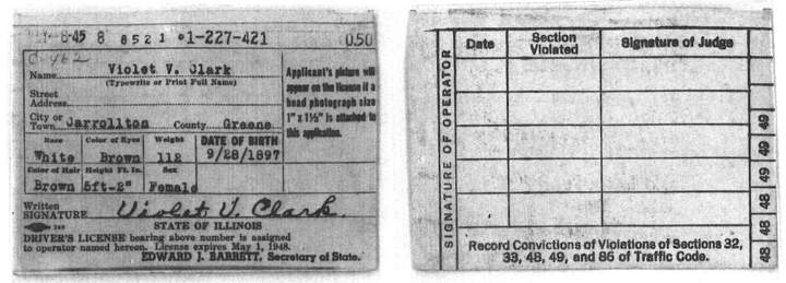 1945 Violet Clark Illinois Driver's License, Carrollton, Illinois