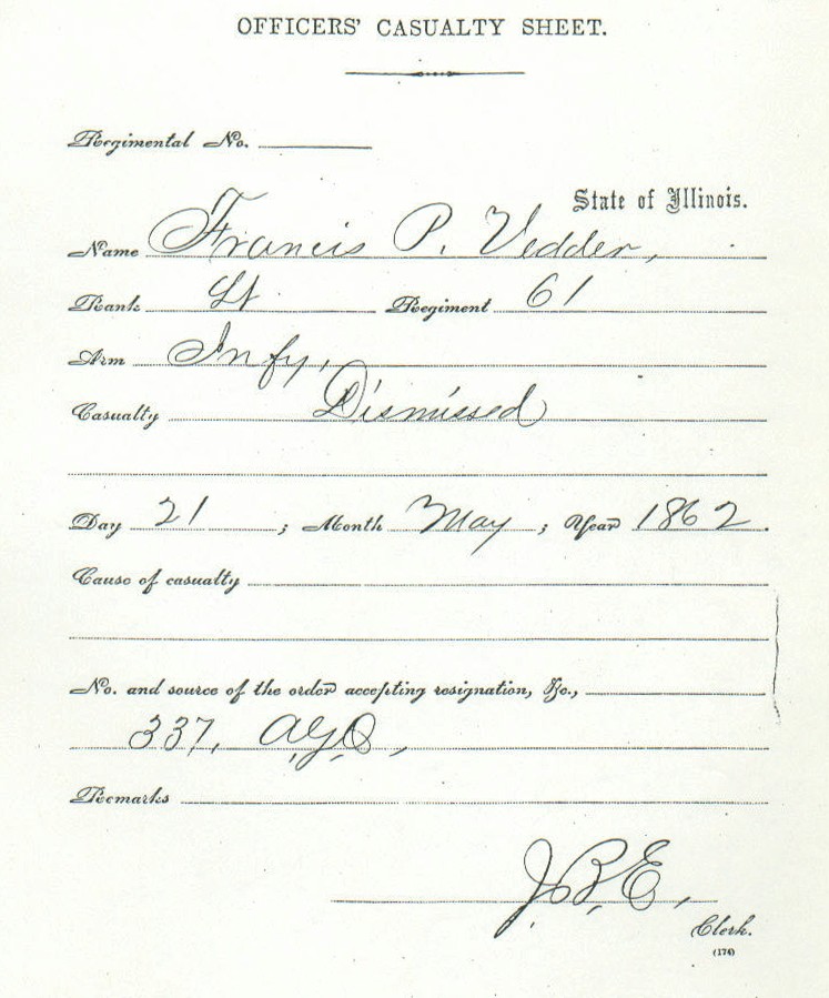 F. P. Vedder Officers Casualty Sheet May 1862