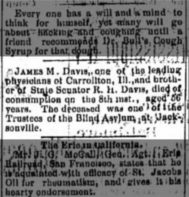 James M. Davis Death Announcement, Alton Evening Telegraph, June 10, 1885