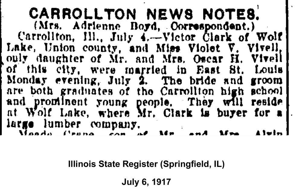 Victor and Violet Clark marriage, Illinois State Register, July 6, 1917